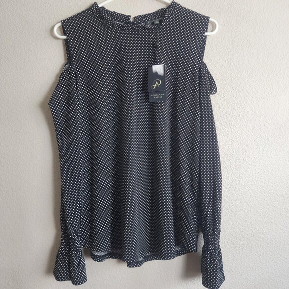 Adrianna Papell Blouse Womens Medium Black White Polka Dot Cold Shoulder Ruffle - Picture 1 of 10